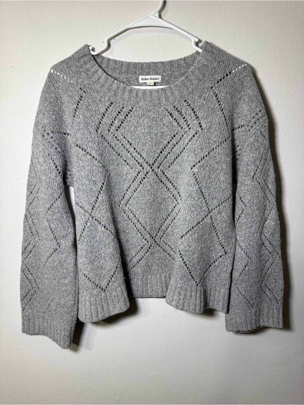 Roller Rabbit Grey Extrafine Wool Diamond Knit Pointelle Sweater Size Small